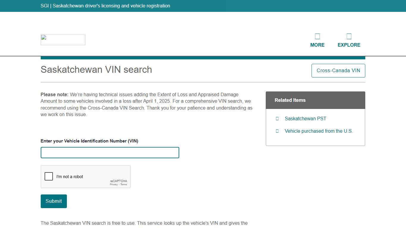 Saskatchewan VIN search (Damage claims history) - SGI